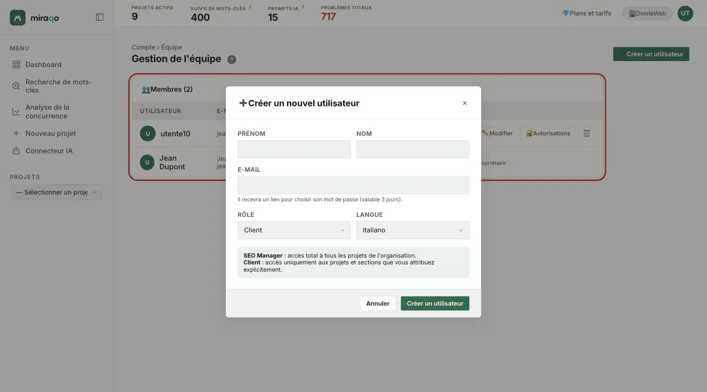 La fenêtre Créer un nouvel utilisateur : Prénom, Nom, E-mail avec la note sur le lien valable 3 jours, Rôle sur Client, Langue sur Italien, l’explication des deux rôles et les boutons Annuler et Créer un utilisateur