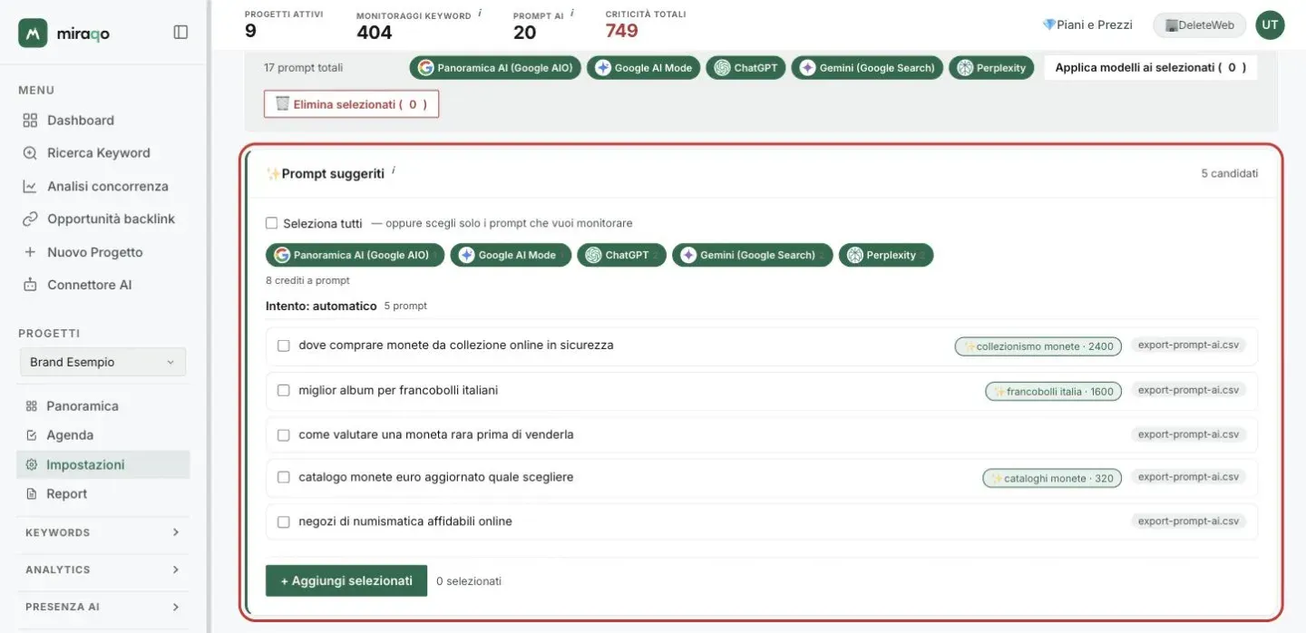 La card Prompt suggeriti evidenziata dopo l’import: Seleziona tutti, i cinque modelli con il costo di 8 crediti a prompt, i cinque prompt letti dal file con l’etichetta export-prompt-ai.csv e, su alcuni, il badge con keyword e volume; in fondo il pulsante + Aggiungi selezionati