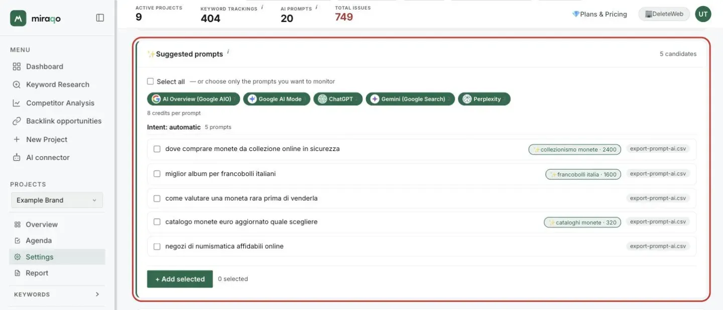 The Suggested prompts card, highlighted, after the import: Select all, the five models with the cost of 8 credits per prompt, the five prompts read from the file with the export-prompt-ai.csv label and, on some, the badge with keyword and volume; at the bottom the + Add selected button