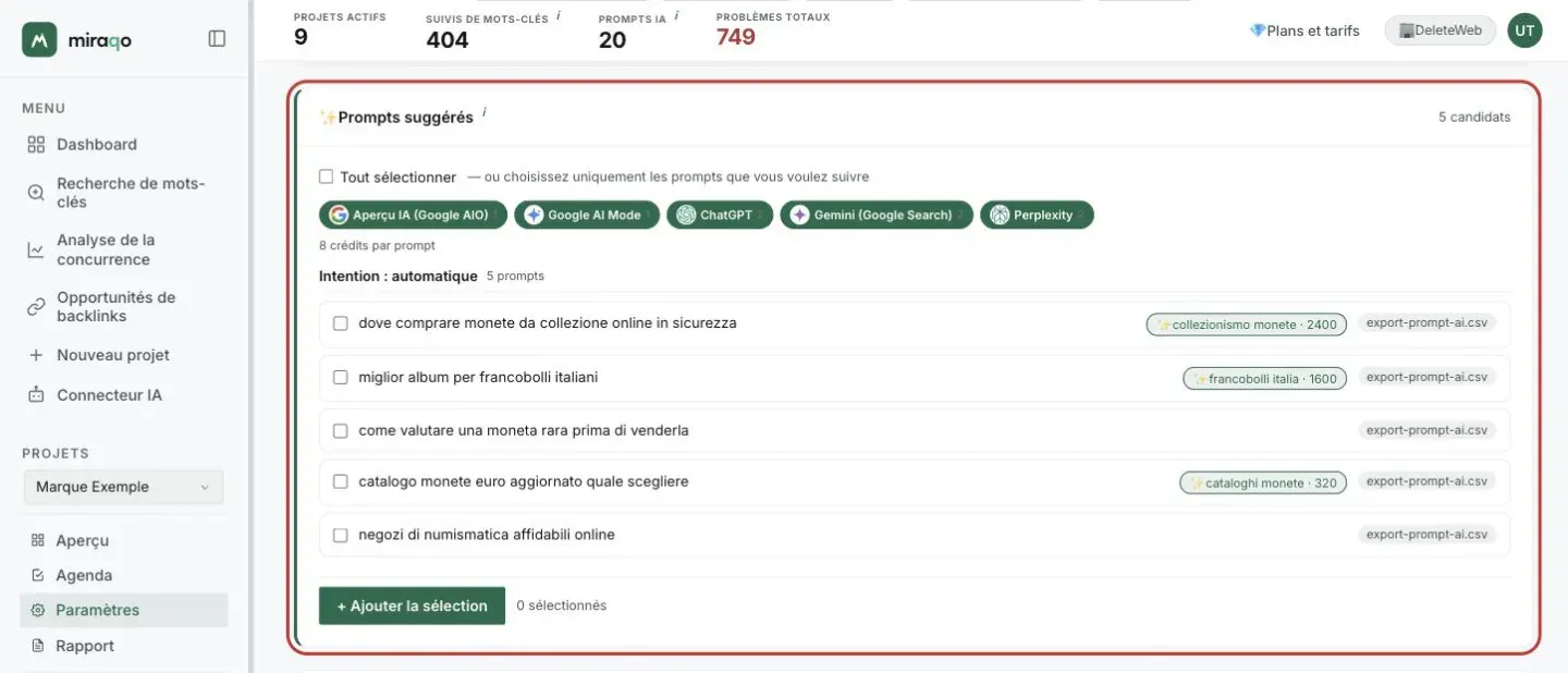 La carte Prompts suggérés mise en valeur après l’import : Tout sélectionner, les cinq modèles avec le coût de 8 crédits par prompt, les cinq prompts lus dans le fichier avec l’étiquette export-prompt-ai.csv et, sur certains, le badge avec mot-clé et volume ; en bas le bouton + Ajouter la sélection