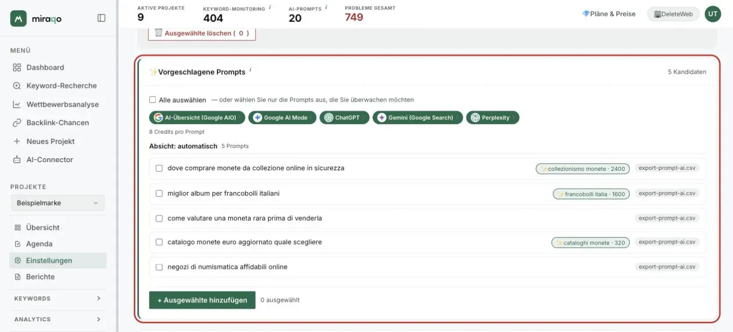 Die hervorgehobene Karte Vorgeschlagene Prompts nach dem Import: Alle auswählen, die fünf Modelle mit den Kosten von 8 Credits pro Prompt, die fünf aus der Datei gelesenen Prompts mit dem Etikett export-prompt-ai.csv und bei einigen das Badge mit Keyword und Volumen; unten der Button + Ausgewählte hinzufügen