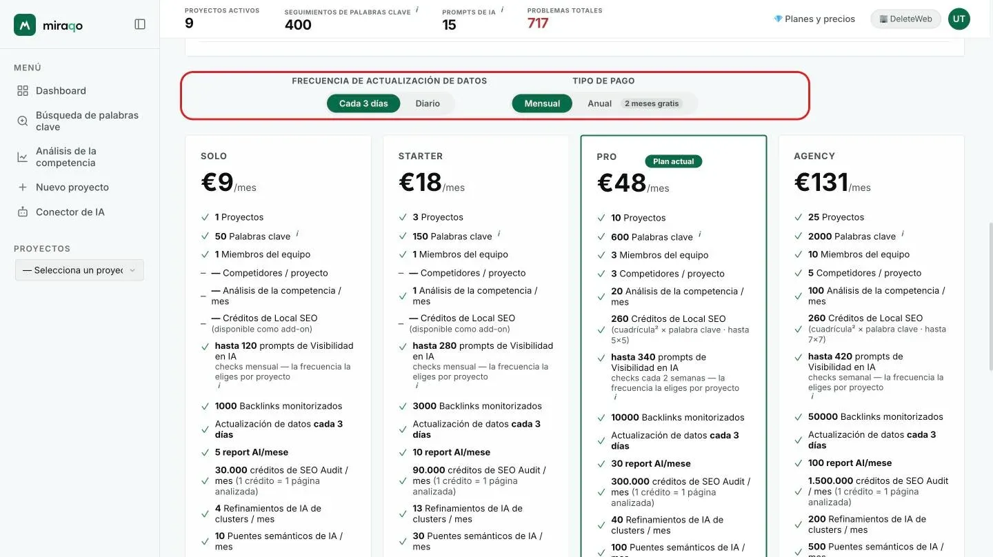 Los selectores Frecuencia de actualización de datos (Cada 3 días, Diaria) y Tipo de pago (Mensual, Anual con 2 meses gratis) y, debajo, las tarjetas de los planes Solo, Starter, Pro y Agency con el precio mensual, la insignia Plan actual y los primeros límites