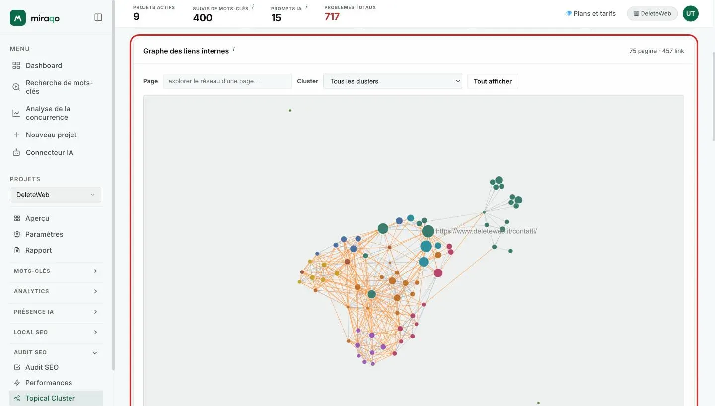 La carte Graphe des liens internes : la barre avec le champ Page, le menu Cluster et le bouton Tout afficher mis en évidence, et en dessous le graphe avec les nœuds colorés par cluster et les arêtes des liens