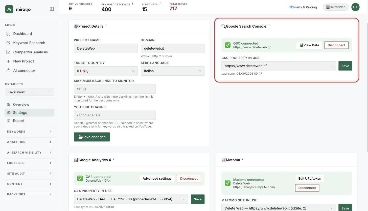 The same card after connecting: the GSC connected status with the property, the View Data and Disconnect buttons, and the highlighted GSC property in use dropdown with Save
