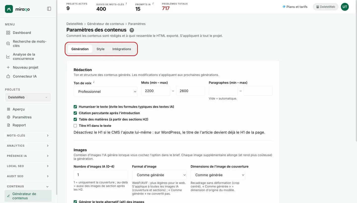 Les Paramètres de contenu, onglet Génération : les trois onglets mis en évidence en haut, puis la section Rédaction avec le ton de voix, les mots et les paragraphes, les cases humaniser, citation, sommaire et H1, et la section Images