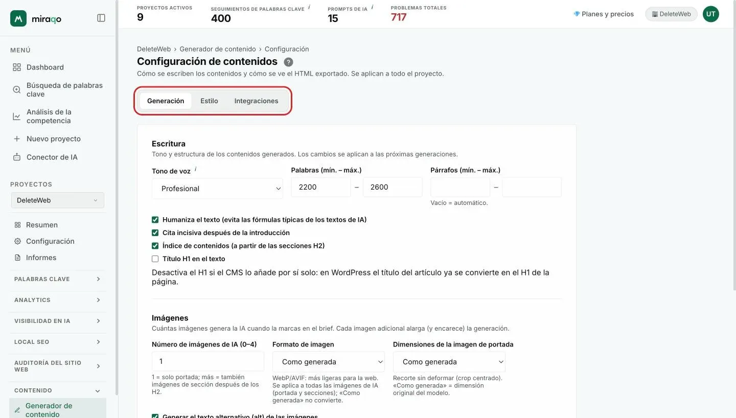 La Configuración de contenido, pestaña Generación: las tres pestañas resaltadas arriba, luego la sección Redacción con tono de voz, palabras y párrafos, las casillas humanizar, cita, índice y H1, y la sección Imágenes