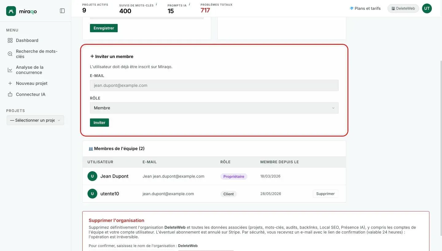 La carte « Inviter un membre » mise en évidence : le champ E-mail, le menu Rôle sur Membre et le bouton Inviter