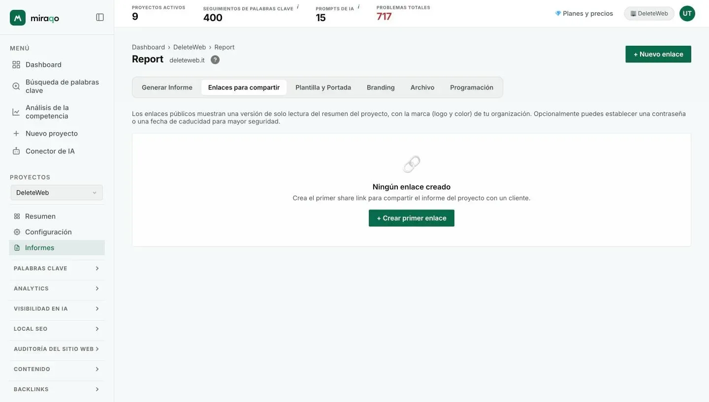 La pestaña Enlaces para compartir sin enlaces creados: la explicación, el estado vacío con Crear primer enlace y arriba a la derecha el botón + Nuevo enlace