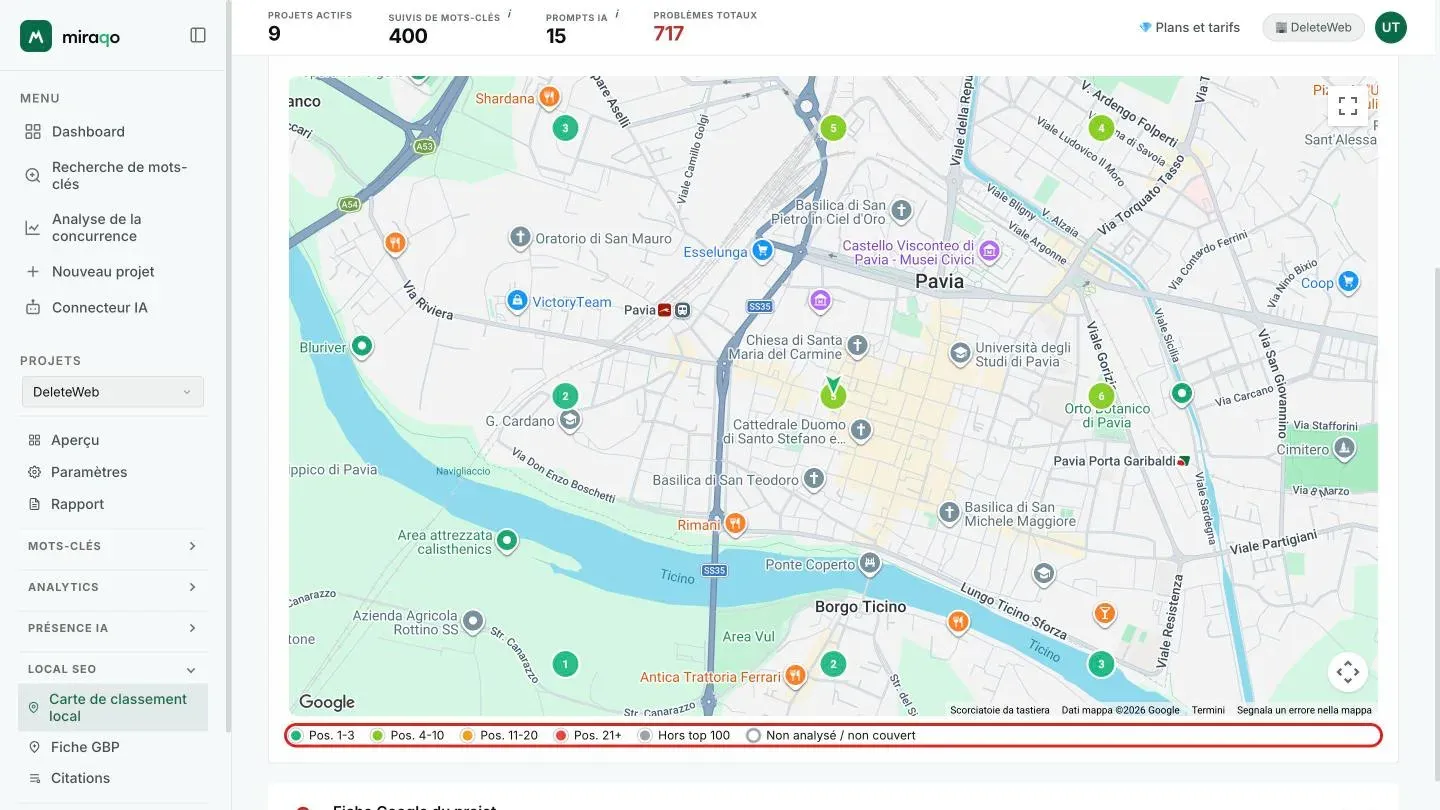 La carte Google avec la grille 3×3 : le marqueur flèche central et les neuf cercles verts numérotés avec la position sur chaque point ; sous la carte la légende des couleurs mise en évidence