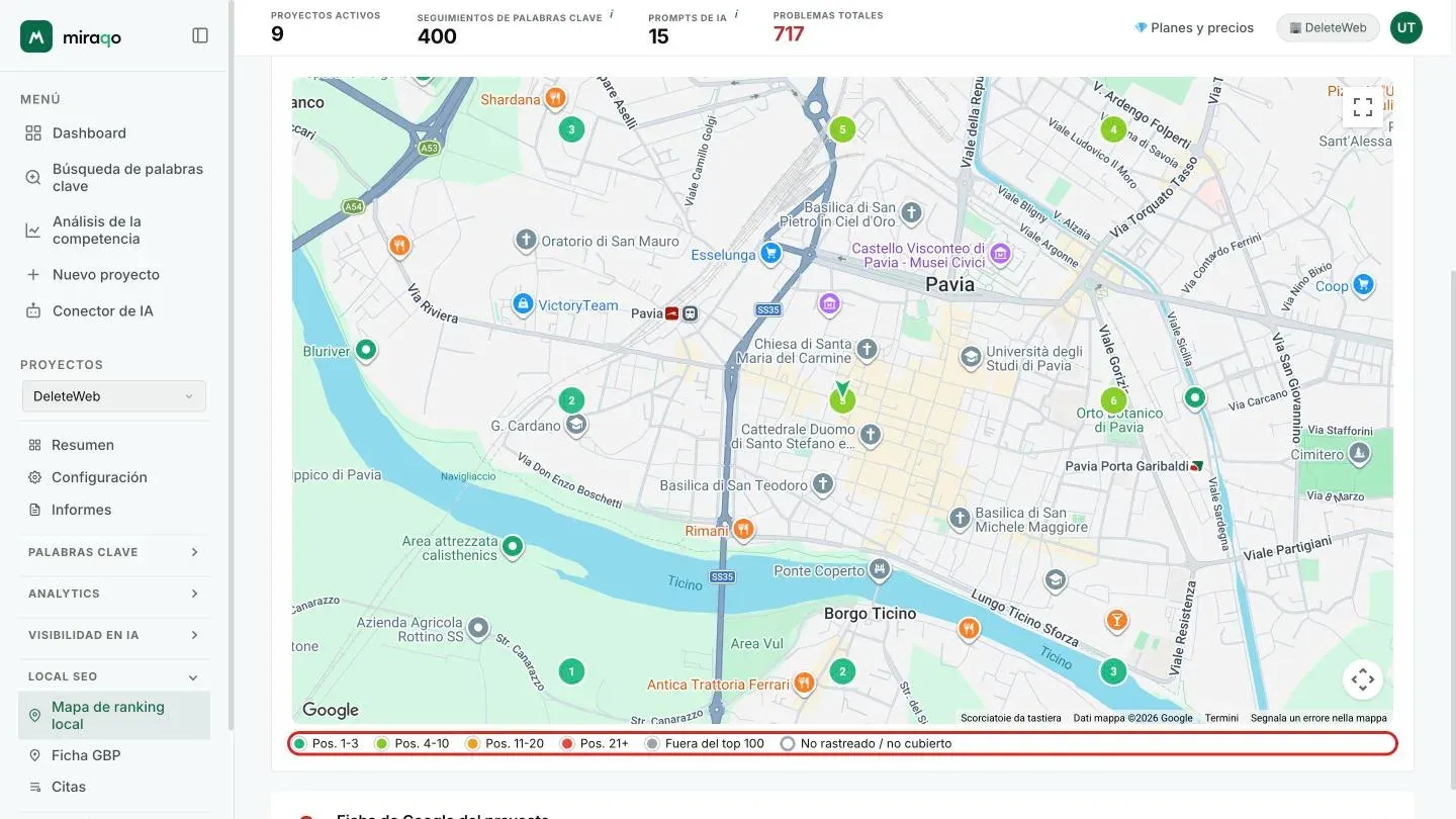 El mapa de Google con la rejilla 3×3: el marcador central en forma de flecha y los nueve círculos verdes numerados con la posición en cada punto; debajo del mapa la leyenda de colores resaltada