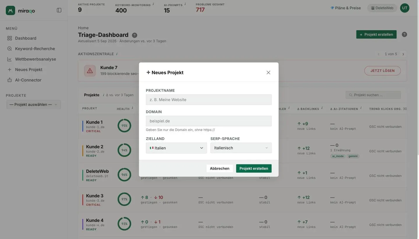 Das Fenster Neues Projekt: die Felder Projektname, Domain, Zielland und SERP-Sprache, mit dem Button Projekt erstellen unten rechts