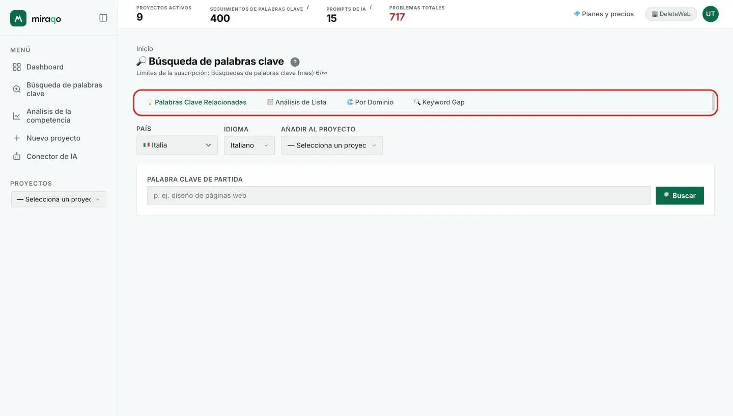La barra de modos resaltada: Keywords relacionadas, Análisis de Lista, Por Dominio, Keyword Gap
