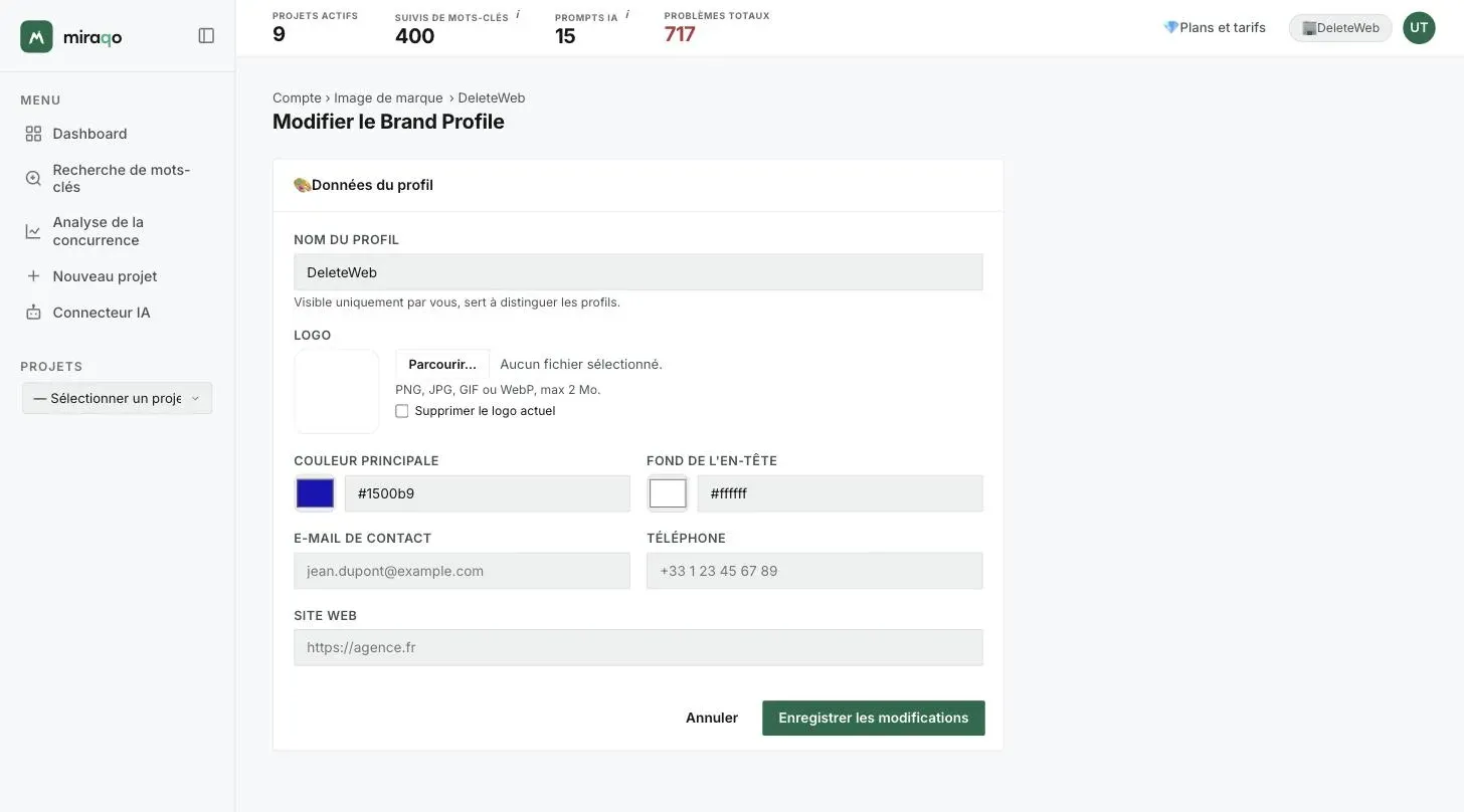 Le formulaire de modification du Brand Profile : Nom du profil, Logo avec Parcourir et Supprimer le logo actuel, Couleur principale et Fond de l’en-tête avec le sélecteur de couleur et le code hexadécimal, Email de contact, Téléphone, Site web et Enregistrer les modifications