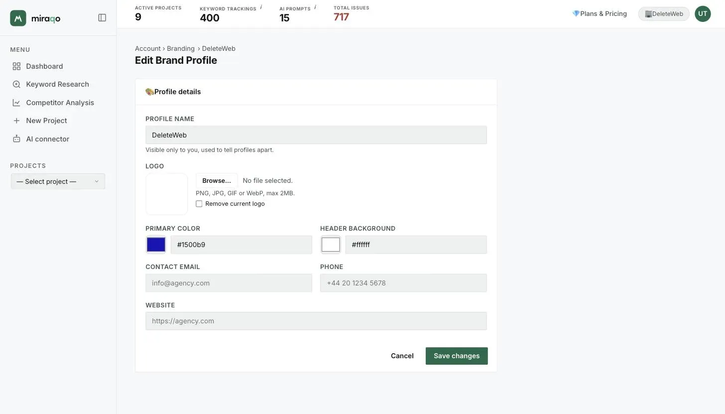 The Edit Brand Profile form: Profile name, Logo with Browse and Remove current logo, Primary color and Header background with the colour picker and hex code, Contact email, Phone, Website and Save changes