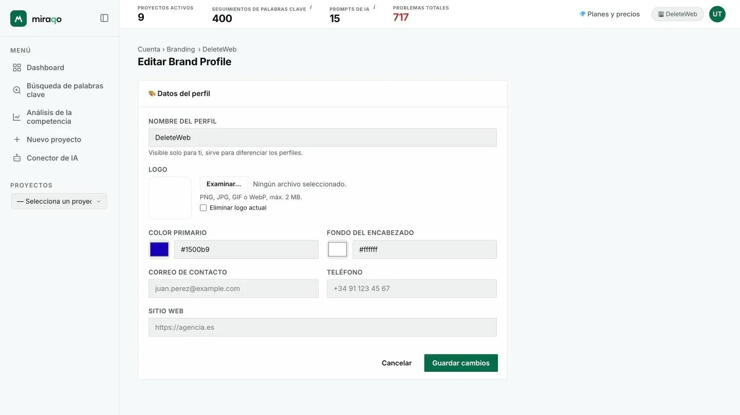 El formulario Editar Brand Profile: Nombre del perfil, Logo con Examinar y Quitar logo actual, Color primario y Fondo de cabecera con el selector de color y el código hex, Correo de contacto, Teléfono, Sitio web y Guardar cambios
