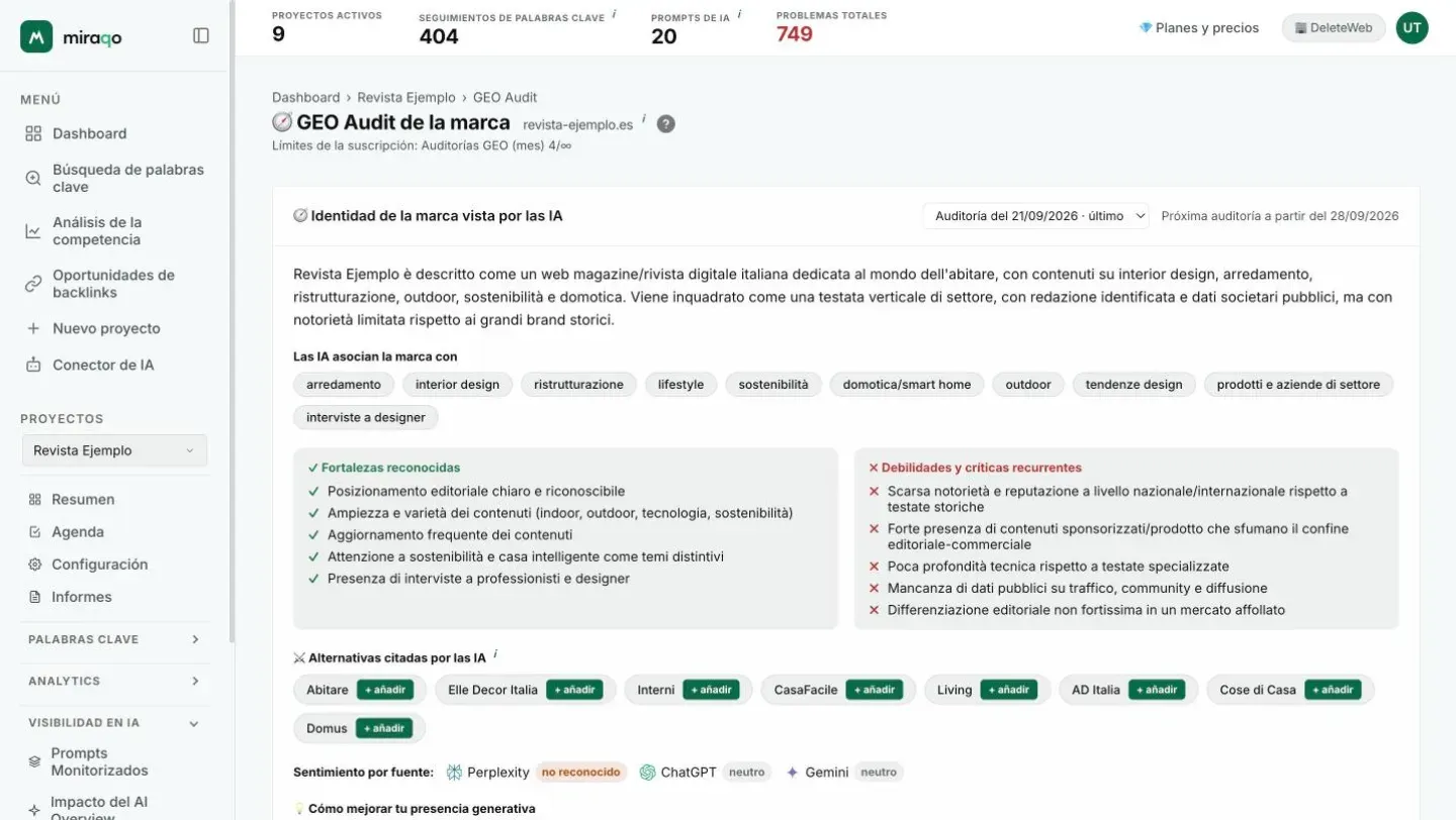 El informe de una Auditoría GEO: arriba el selector Auditoría del 21/09/2026 · último y la fecha de la próxima auditoría, luego la identidad percibida, los temas que las IA asocian a la marca, las fortalezas y debilidades recurrentes, las alternativas citadas con el botón + añadir y el sentimiento por fuente