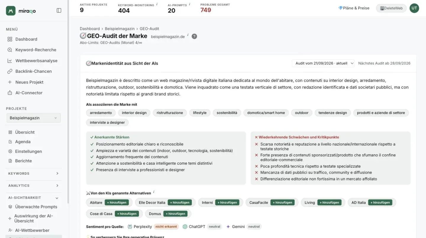 Der Bericht eines GEO-Audits: oben der Selektor Audit vom 21/09/2026 · aktuell und das Datum des nächsten Audits, dann die wahrgenommene Identität, die Themen, die die AIs mit der Marke verbinden, die wiederkehrenden Stärken und Schwächen, die genannten Alternativen mit dem Button + hinzufügen und das Sentiment pro Quelle