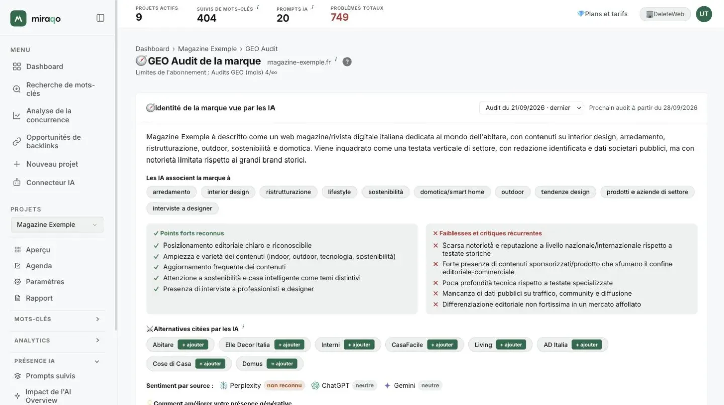 Le rapport d’un GEO Audit : en haut le sélecteur Audit du 21/09/2026 · dernier et la date du prochain audit, puis l’identité perçue, les thèmes que les IA associent à la marque, les points forts et les faiblesses récurrentes, les alternatives citées avec le bouton + ajouter et le sentiment par source