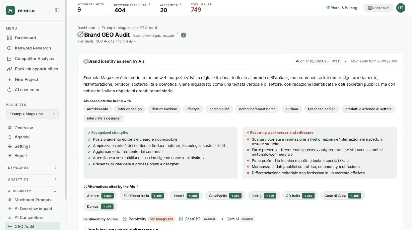 A GEO Audit report: at the top the Audit of dd/mm/yyyy · latest selector and the date of the next audit, then the perceived identity, the themes AIs associate with the brand, the recurring strengths and weaknesses, the alternatives cited with the + add button and the sentiment by source