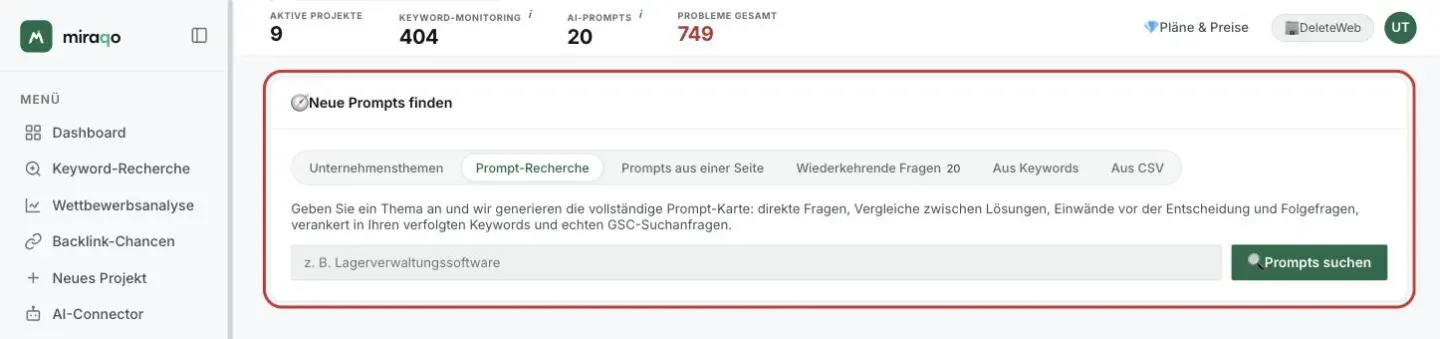 Die Karte Neue Prompts finden, Tab Prompt-Recherche geöffnet: das Themenfeld mit dem Beispiel und der Button Prompts suchen