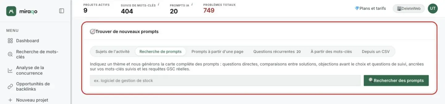 La carte Trouver de nouveaux prompts, onglet Recherche de prompts ouvert : le champ du thème avec l’exemple et le bouton Rechercher des prompts