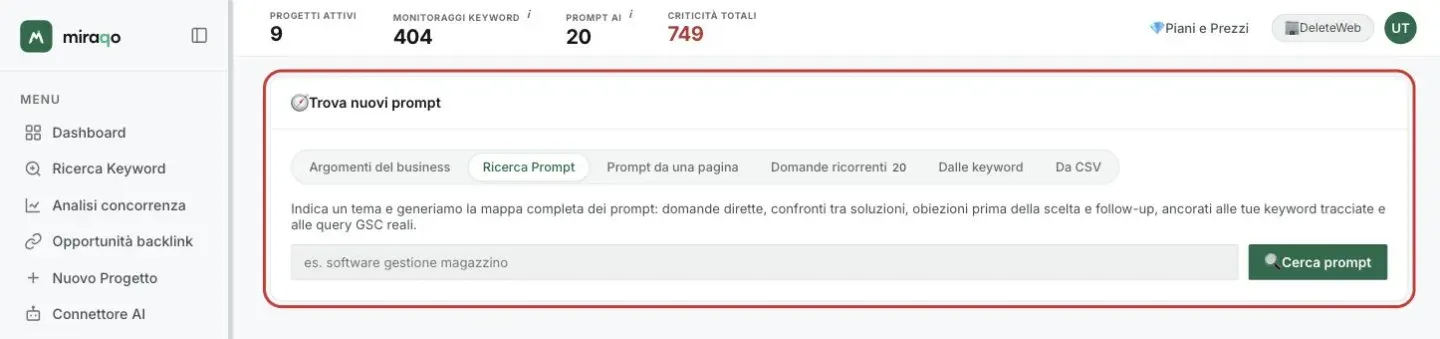 La card Trova nuovi prompt, scheda Ricerca Prompt aperta: il campo del tema con l’esempio e il pulsante Cerca prompt