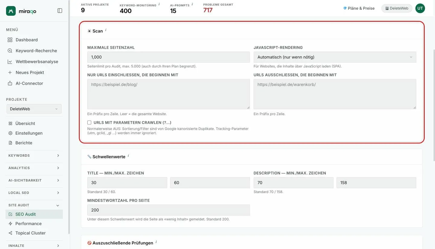 Die hervorgehobene Karte Scan: Maximale Seitenzahl, JavaScript-Rendering, die beiden Felder Nur URLs einschließen, die beginnen mit und URLs ausschließen, die beginnen mit, sowie das Kästchen URLs mit Parametern crawlen