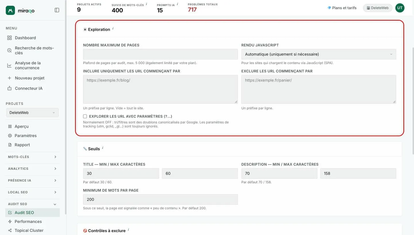 La carte Exploration mise en évidence : Nombre maximum de pages, Rendu JavaScript, les deux encadrés Inclure uniquement les URL commençant par et Exclure les URL commençant par, et la case Explorer les URL avec paramètres