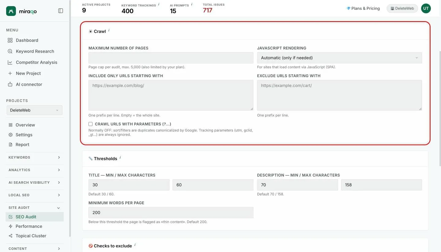 The Crawl card, highlighted: Maximum number of pages, JavaScript rendering, the two Include only URLs starting with and Exclude URLs starting with boxes, and the Crawl URLs with parameters checkbox