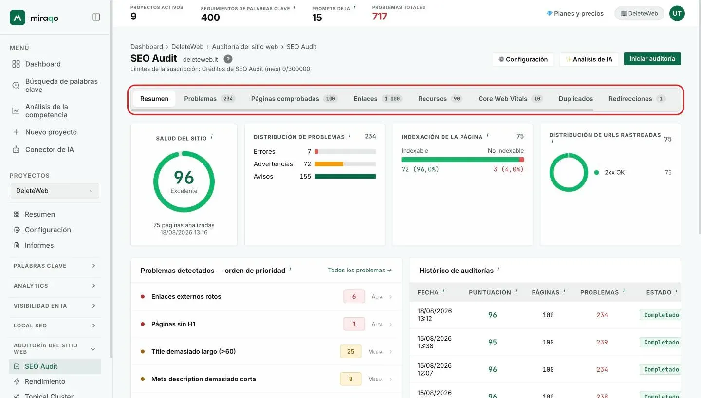 La barra de pestañas del informe resaltada bajo el título SEO Audit: Resumen, Problemas, Páginas comprobadas, Enlaces, Recursos, Core Web Vitals, Duplicados, Redirecciones, Estadísticas y Comparación, con el número de elementos junto a cada pestaña