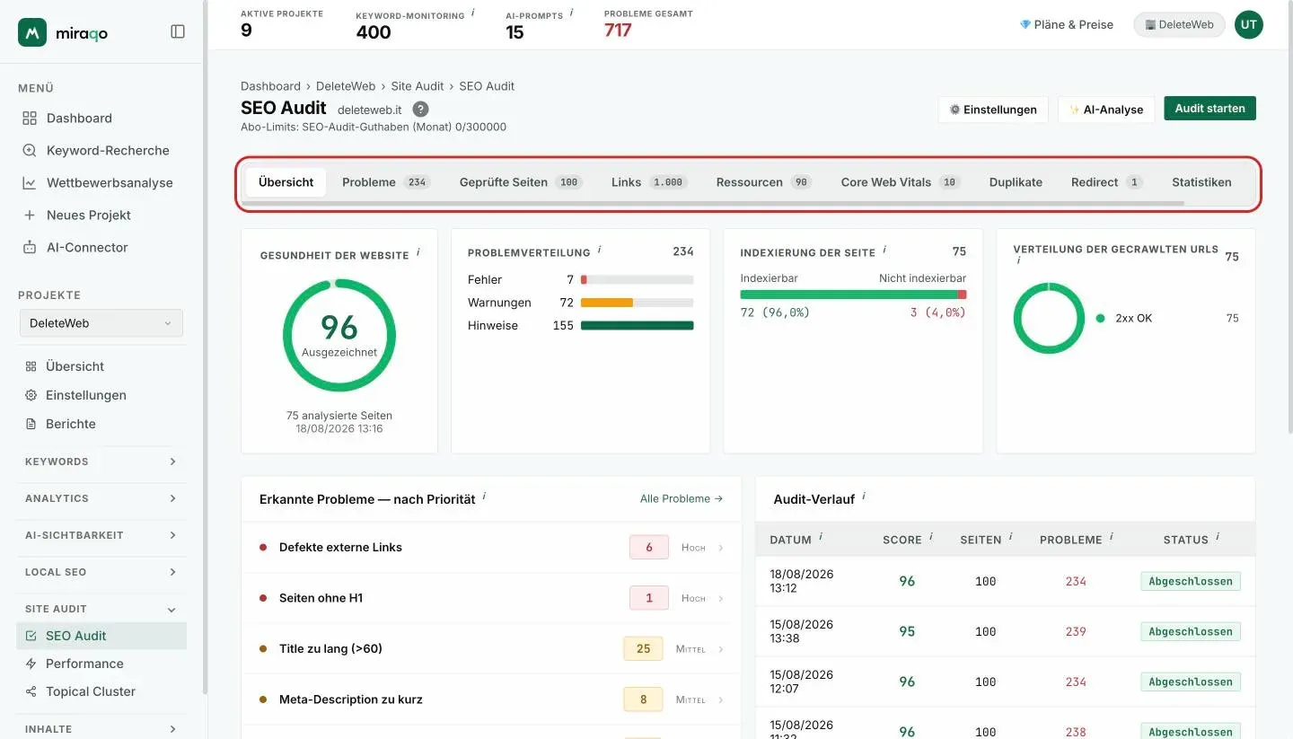 Die hervorgehobene Tab-Leiste des Berichts unter dem Titel SEO-Audit: Übersicht, Probleme, Geprüfte Seiten, Links, Ressourcen, Core Web Vitals, Duplikate, Redirects, Statistiken und Vergleich, mit der Anzahl der Elemente neben jedem Tab