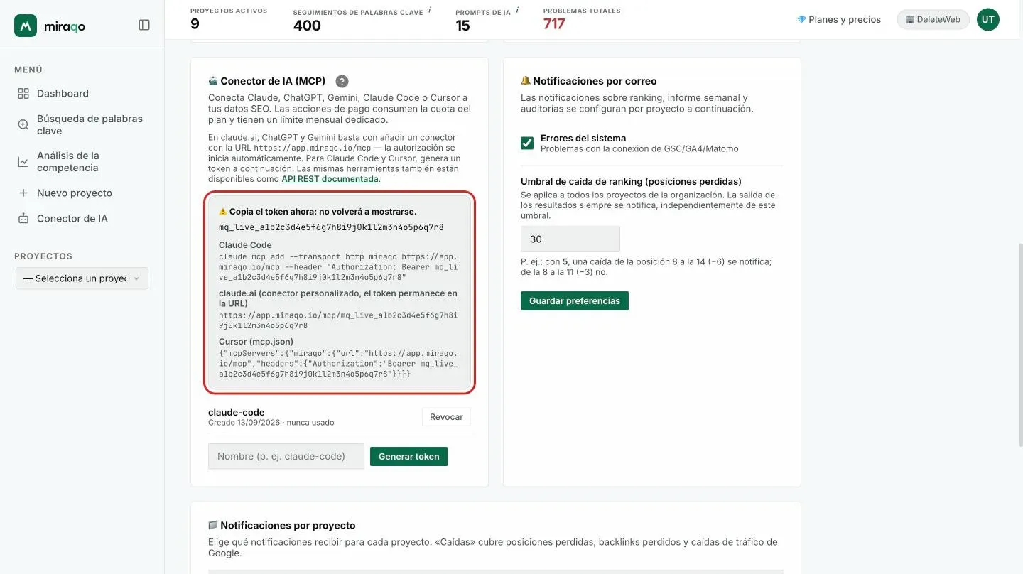 El recuadro que aparece justo después de Generar token, resaltado: el aviso «Copia el token ahora», el token, el comando listo para Claude Code, la dirección con token para claude.ai y el fragmento mcp.json para Cursor