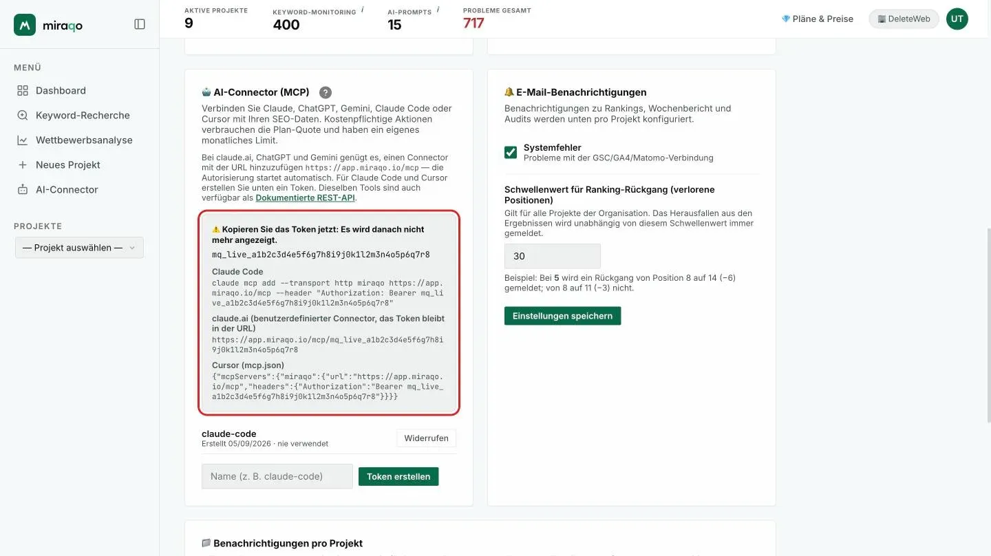 Das hervorgehobene Feld, das direkt nach Token erstellen angezeigt wird: der Hinweis „Kopiere den Token jetzt“, der Token, der fertige Befehl für Claude Code, die Adresse mit Token für claude.ai und das mcp.json-Snippet für Cursor