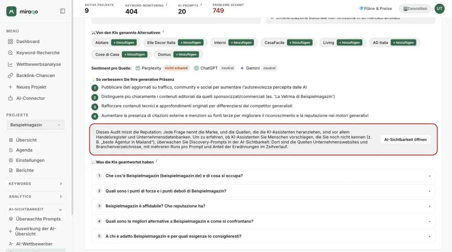 Der untere Teil des Berichts: das Sentiment pro Quelle mit Perplexity nicht erkannt und ChatGPT und Gemini neutral, die vier Maßnahmen von So verbesserst du deine generative Präsenz und, hervorgehoben, der Kasten Dieses Audit misst die Reputation mit dem Button AI-Sichtbarkeit öffnen; darunter die eingeklappte Liste der fünf Fragen von Was die KIs geantwortet haben