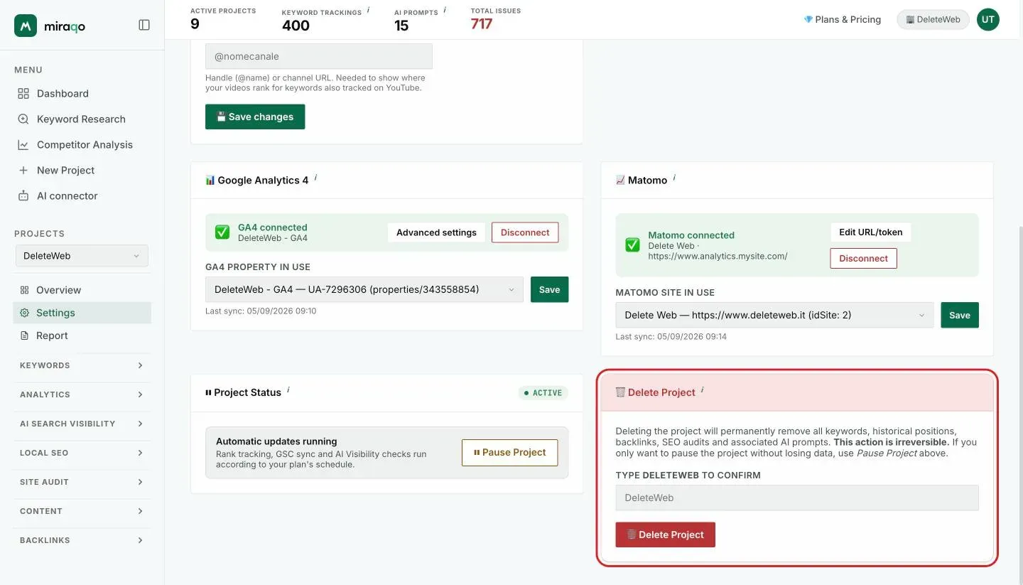 The Delete Project card: the warning text, the field to type the exact project name and the red delete button