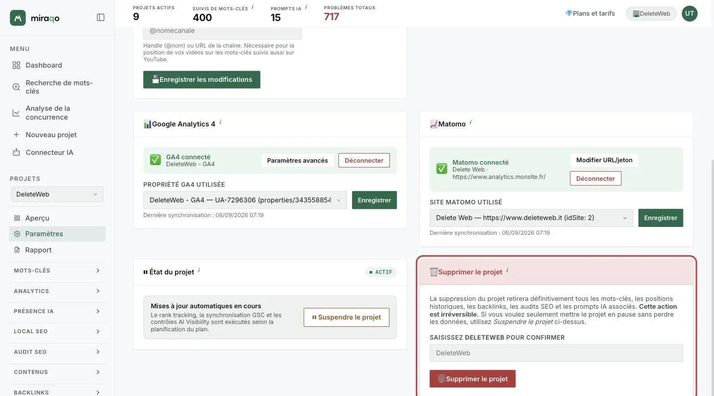 En bas de Paramètres → Général : la carte État du projet avec Suspendre le projet et, à droite, la carte rouge Supprimer le projet avec le champ de confirmation et le bouton mis en évidence