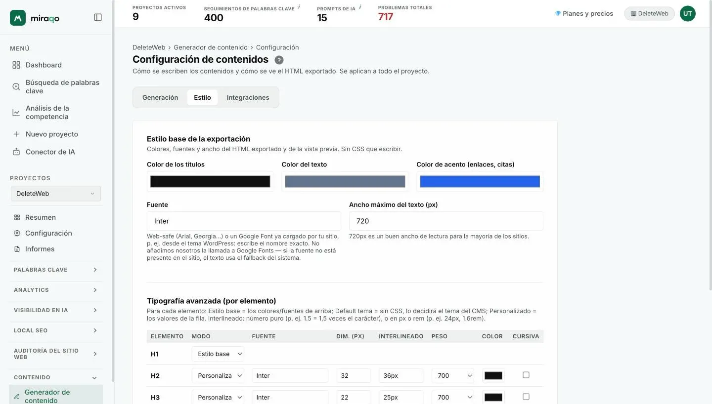 La pestaña Estilo: colores de títulos, texto y acento, fuente y ancho máximo del texto, y la tabla Tipografía avanzada por elemento