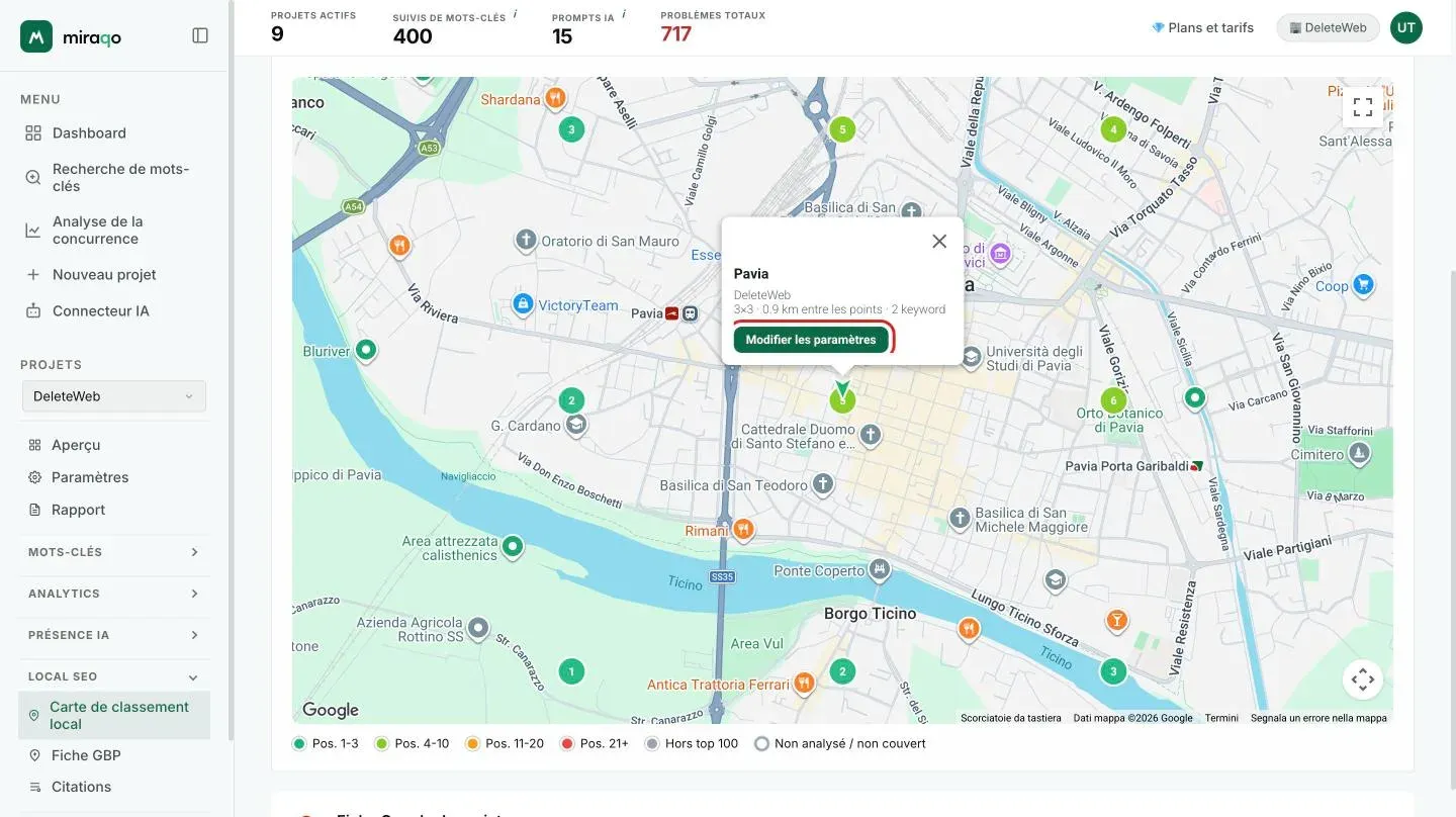 L’infobulle qui s’ouvre en cliquant sur le marqueur central : nom du lieu, nom de l’établissement, taille de la grille, distance entre les points et nombre de mots-clés, avec le bouton Modifier les paramètres mis en évidence