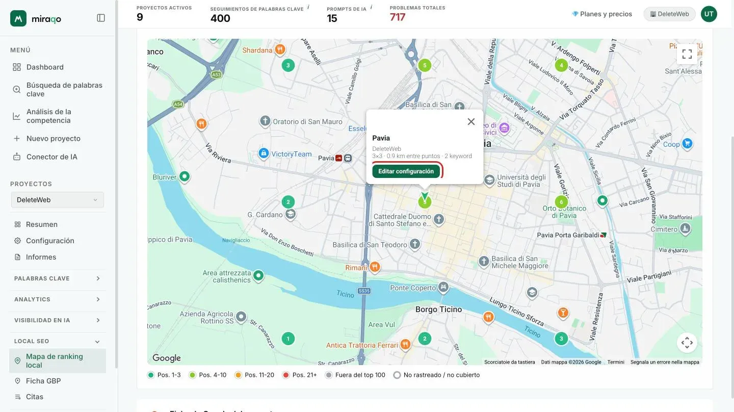 El globo que se abre al hacer clic en el marcador central: nombre de la ubicación, nombre del negocio, tamaño de la rejilla, distancia entre puntos y número de keywords, con el botón Editar configuración resaltado