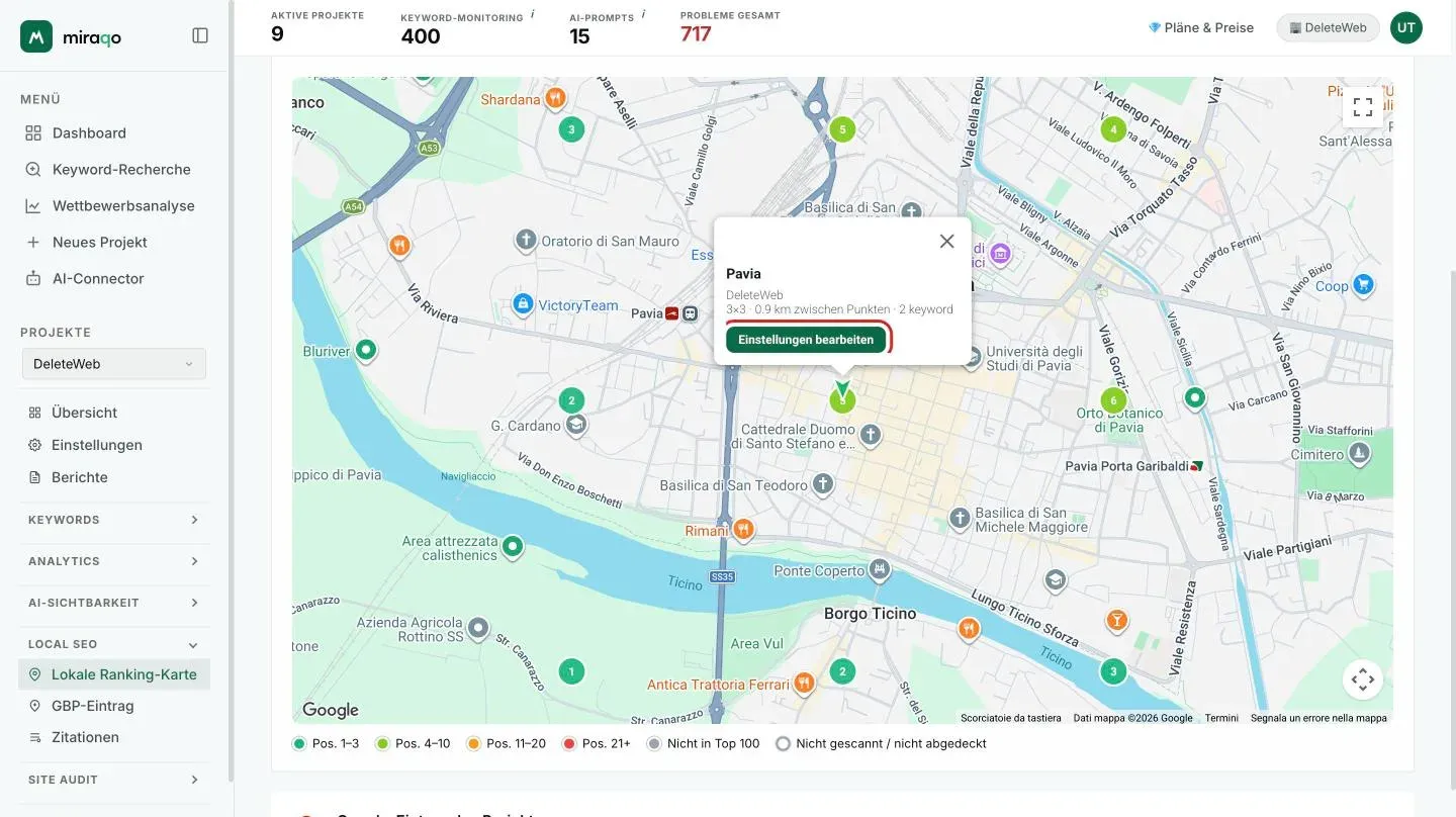 Die Sprechblase, die sich beim Klick auf den zentralen Marker öffnet: Name des Standorts, Unternehmensname, Rastergröße, Abstand zwischen den Punkten und Anzahl der Keywords, mit dem hervorgehobenen Button Einstellungen bearbeiten