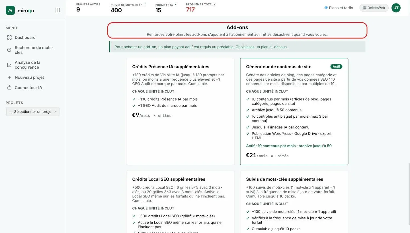 Le bas des cartes des plans avec les limites complètes et les boutons Activer le plan, puis la section Add-on avec Crédits Présence IA supplémentaires et Générateur de contenus de site