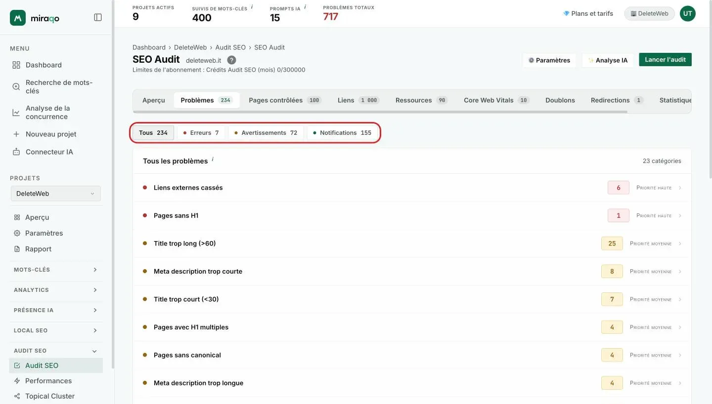 L’onglet Problèmes avec les puces Tous, Erreurs, Avertissements et Notifications mises en valeur et, en dessous, la liste des problèmes avec le nombre et la priorité de chacun