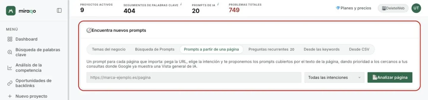 La tarjeta Encuentra nuevos prompts, pestaña Prompts a partir de una página abierta: el campo de la URL, el menú de intenciones en Todas las intenciones y el botón Analizar página