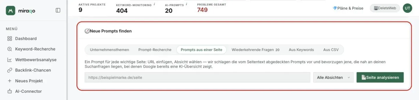 Die Karte Neue Prompts finden, Tab Prompts aus einer Seite geöffnet: das URL-Feld, das Intent-Menü auf Alle Absichten und der Button Seite analysieren
