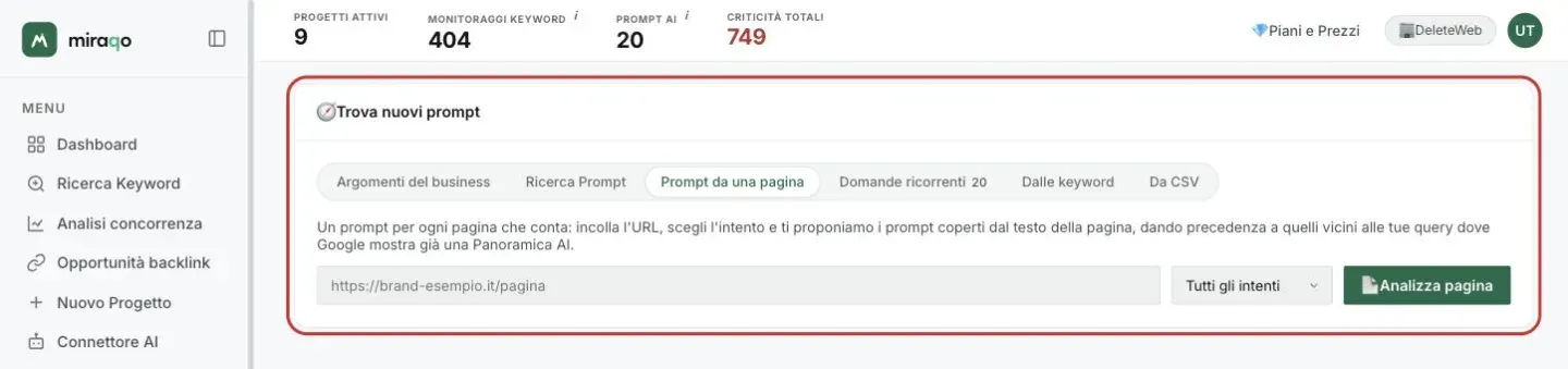 La card Trova nuovi prompt, scheda Prompt da una pagina aperta: il campo dell’URL, il menu degli intenti su Tutti gli intenti e il pulsante Analizza pagina