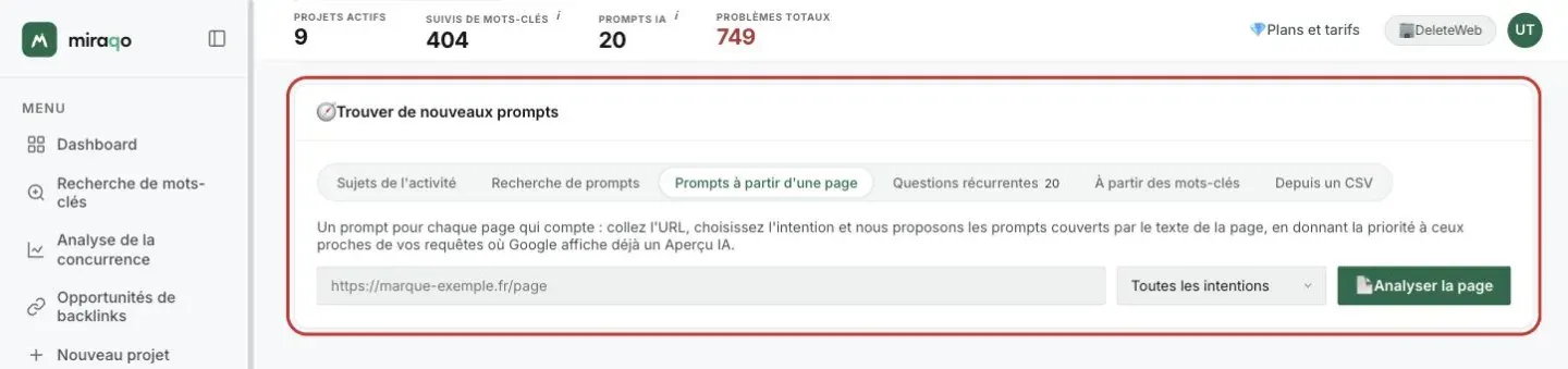 La carte Trouver de nouveaux prompts, onglet Prompts à partir d’une page ouvert : le champ de l’URL, le menu des intentions sur Toutes les intentions et le bouton Analyser la page