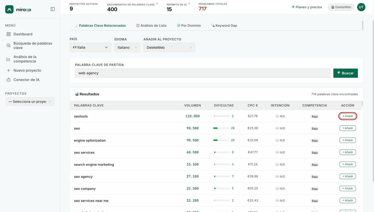 Resultados de una búsqueda con el proyecto DeleteWeb seleccionado en el campo Añadir al proyecto, resaltado: en la última columna Acción aparece el botón + Añadir en cada fila