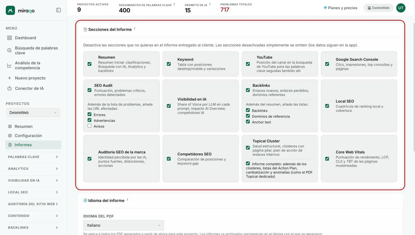 La pestaña Plantilla y Portada, tarjeta Secciones del informe: una casilla por sección con la descripción, y debajo de SEO Audit, Backlinks y Topical Cluster las casillas de los detalles opcionales