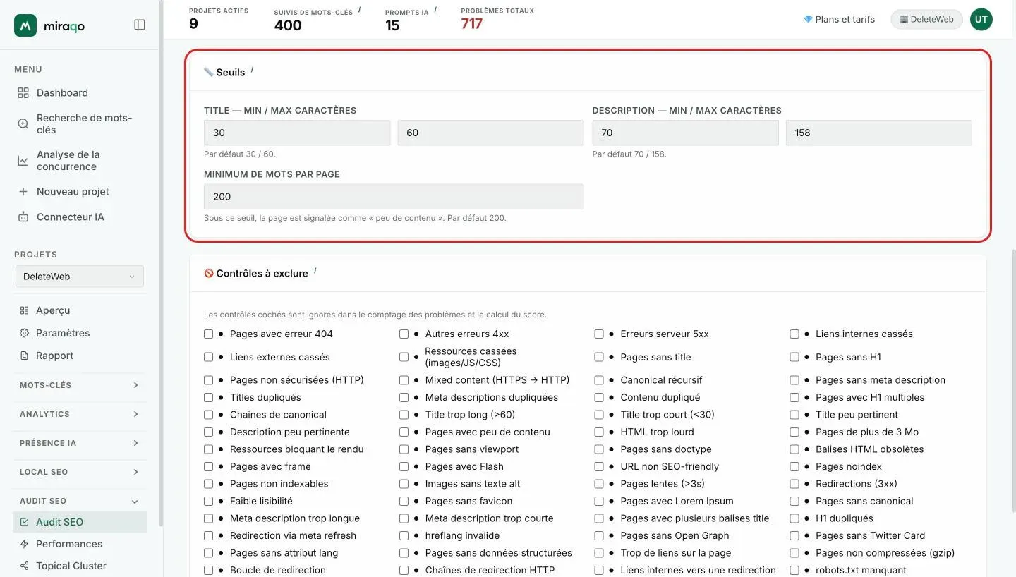 La carte Seuils mise en évidence : les champs min et max caractères pour Title et Description et le Minimum de mots par page ; en dessous commence la carte Contrôles à exclure