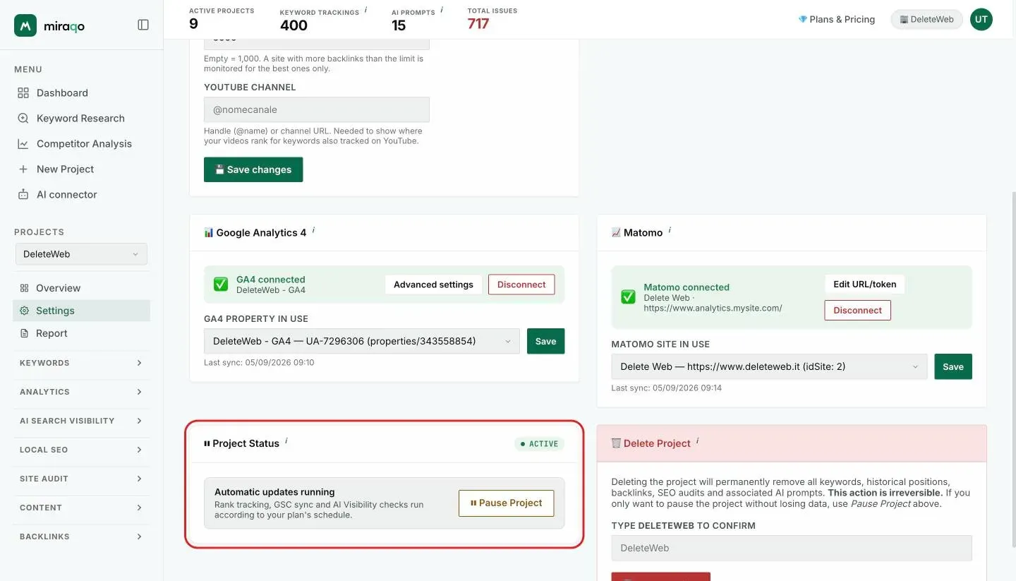 The Project Status card, highlighted, with the Active pill, the Automatic updates running note and the Pause Project button; next to it, the red Delete Project zone with the confirmation field